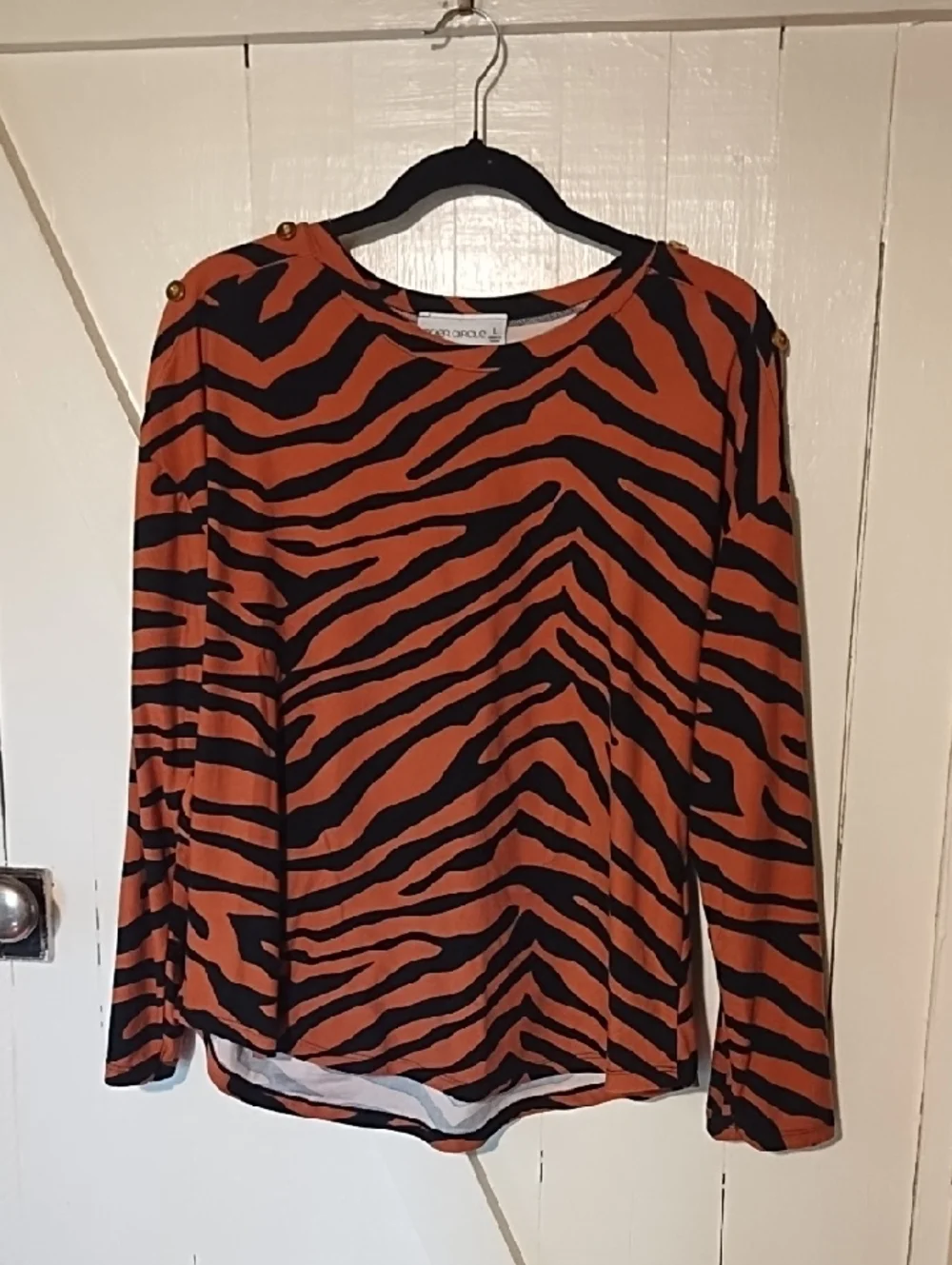 Rust Zebra-Stripe Long Sleeve Tunic with Shoulder Buttons Large EUC. - Picture 1 of 10